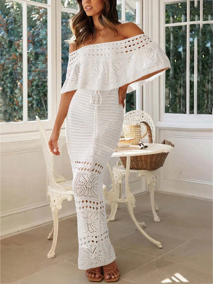 2026 Summer Women's New Beach Vacation Casual Long Elegant Tie-Up Drawstring One-Shoulder Cinched Waist Hollow Knit White Dress, Holiday Outfit, Spring Outfit, Ceremony Dress, Formal Dress, Music Fest