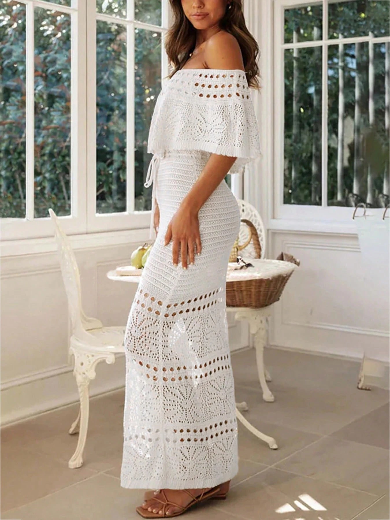 2026 Summer Women's New Beach Vacation Casual Long Elegant Tie-Up Drawstring One-Shoulder Cinched Waist Hollow Knit White Dress, Holiday Outfit, Spring Outfit, Ceremony Dress, Formal Dress, Music Fest