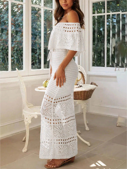 2026 Summer Women's New Beach Vacation Casual Long Elegant Tie-Up Drawstring One-Shoulder Cinched Waist Hollow Knit White Dress, Holiday Outfit, Spring Outfit, Ceremony Dress, Formal Dress, Music Fest
