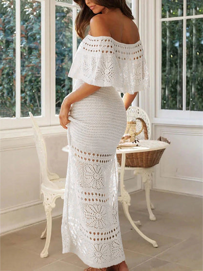 2026 Summer Women's New Beach Vacation Casual Long Elegant Tie-Up Drawstring One-Shoulder Cinched Waist Hollow Knit White Dress, Holiday Outfit, Spring Outfit, Ceremony Dress, Formal Dress, Music Fest