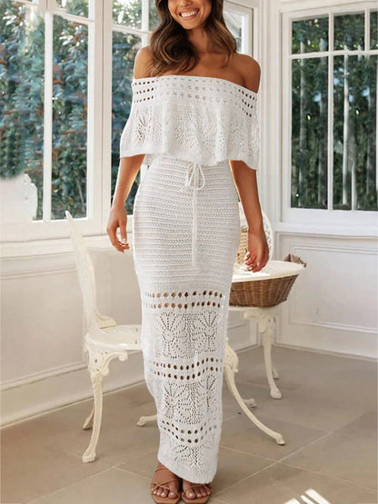 2026 Summer Women's New Beach Vacation Casual Long Elegant Tie-Up Drawstring One-Shoulder Cinched Waist Hollow Knit White Dress, Holiday Outfit, Spring Outfit, Ceremony Dress, Formal Dress, Music Fest