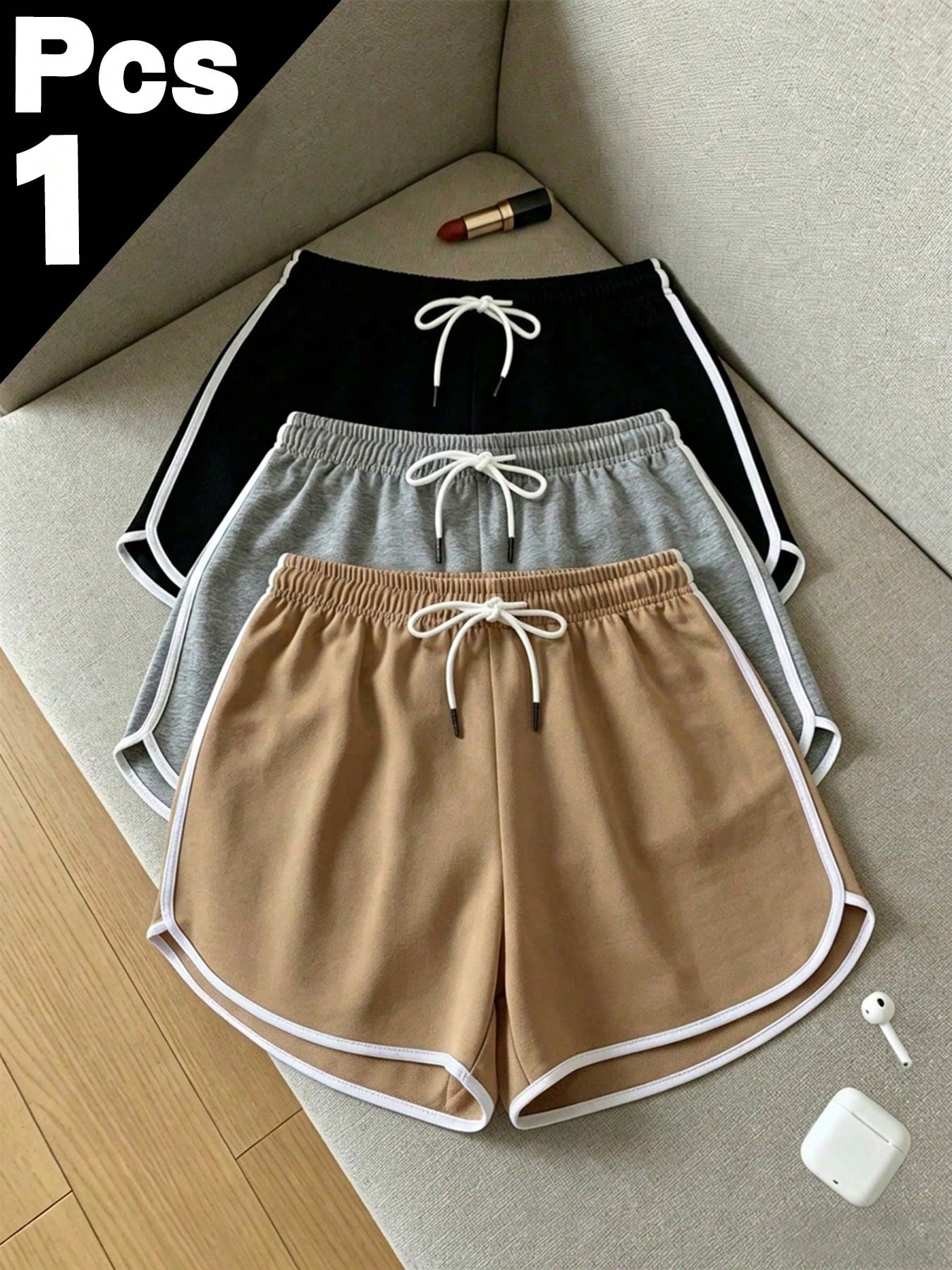 2026 Summer Women's Sports Casual Shorts, Black With White Trim Elastic Drawstring Waist, Comfortable Cool Breathable Outdoor Beach, Fitness Wear Hot Pants, Loose Fit, Gift For Girlfriend, Lover, Moth