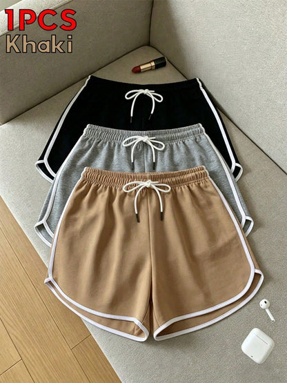 2026 Summer Women's Sports Casual Shorts, Black With White Trim Elastic Drawstring Waist, Comfortable Cool Breathable Outdoor Beach, Fitness Wear Hot Pants, Loose Fit, Gift For Girlfriend, Lover, Moth