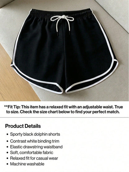 2026 Summer Women's Sports Casual Shorts, Black With White Trim Elastic Drawstring Waist, Comfortable Cool Breathable Outdoor Beach, Fitness Wear Hot Pants, Loose Fit, Gift For Girlfriend, Lover, Moth