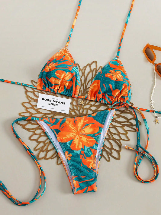 2026 Tropical Print Cute Elegant Bohemian Style Women's Bikini Swimsuit 2-Piece Set Sexy Swimwear For Summer Beach Vacation Pool Party