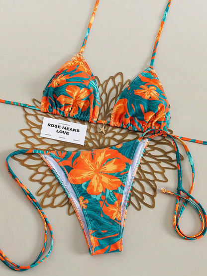 2026 Tropical Print Cute Elegant Bohemian Style Women's Bikini Swimsuit 2-Piece Set Sexy Swimwear For Summer Beach Vacation Pool Party