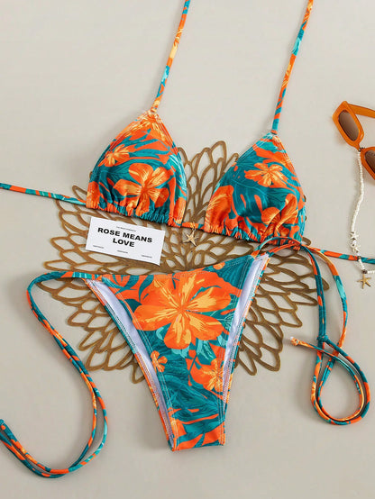 2026 Tropical Print Cute Elegant Bohemian Style Women's Bikini Swimsuit 2-Piece Set Sexy Swimwear For Summer Beach Vacation Pool Party