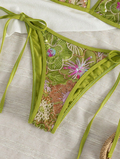 2026 Women's Summer Bikini Set, Contrast Color Sequin & Floral Embroidery Details, Side Tie Swimwear, Elegant Casual Sexy Style, Handmade Beaded, Suitable For Beach Party, Vacation And Spring/Summer