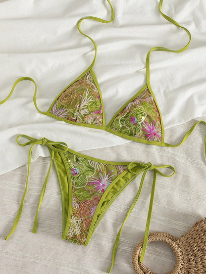 2026 Women's Summer Bikini Set, Contrast Color Sequin & Floral Embroidery Details, Side Tie Swimwear, Elegant Casual Sexy Style, Handmade Beaded, Suitable For Beach Party, Vacation And Spring/Summer