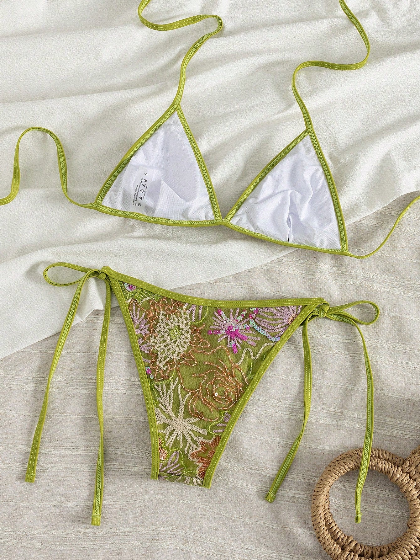 2026 Women's Summer Bikini Set, Contrast Color Sequin & Floral Embroidery Details, Side Tie Swimwear, Elegant Casual Sexy Style, Handmade Beaded, Suitable For Beach Party, Vacation And Spring/Summer