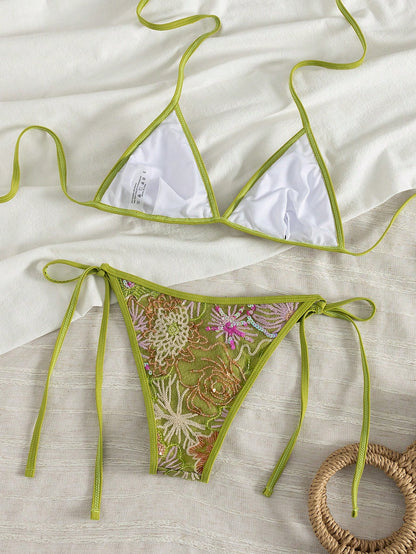 2026 Women's Summer Bikini Set, Contrast Color Sequin & Floral Embroidery Details, Side Tie Swimwear, Elegant Casual Sexy Style, Handmade Beaded, Suitable For Beach Party, Vacation And Spring/Summer