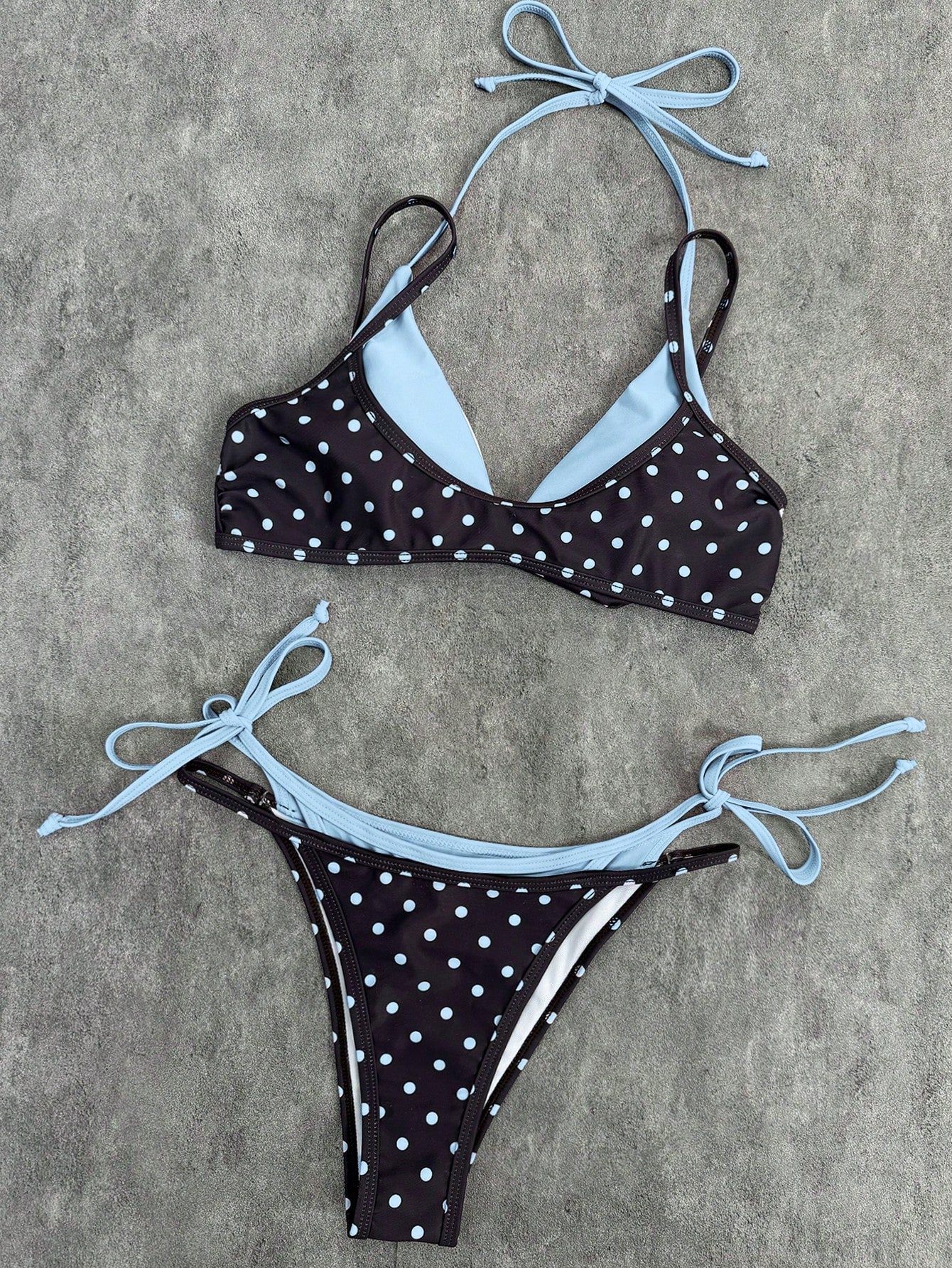2026 Women's Swimwear Set, Polka Dot Contrast Color Halter Sexy Backless Bikini Top And Thong Bottom, Suitable For Valentine's Day, Beach, Resort, Outdoor Vacation Summer, Vacationcore
