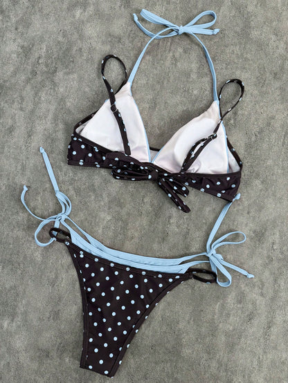 2026 Women's Swimwear Set, Polka Dot Contrast Color Halter Sexy Backless Bikini Top And Thong Bottom, Suitable For Valentine's Day, Beach, Resort, Outdoor Vacation Summer, Vacationcore