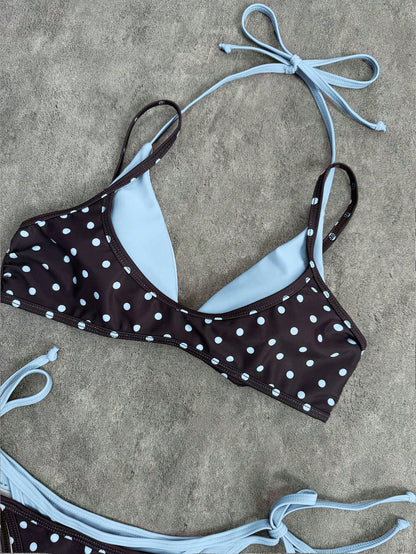 2026 Women's Swimwear Set, Polka Dot Contrast Color Halter Sexy Backless Bikini Top And Thong Bottom, Suitable For Valentine's Day, Beach, Resort, Outdoor Vacation Summer, Vacationcore