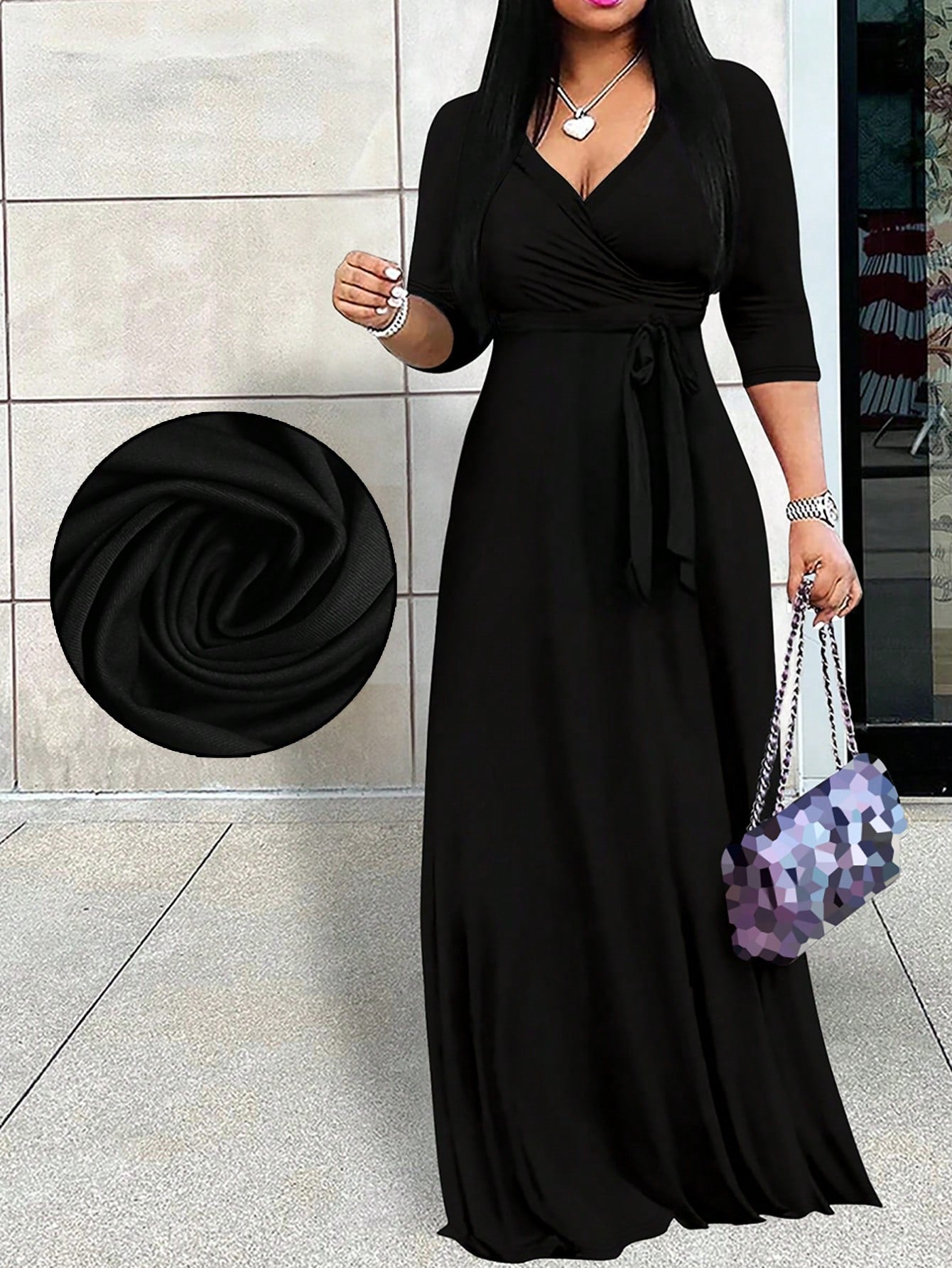 2026 Women's V-Neck Cinched Waist Dress, Short Sleeve, Spring/Summer Elegant Black
