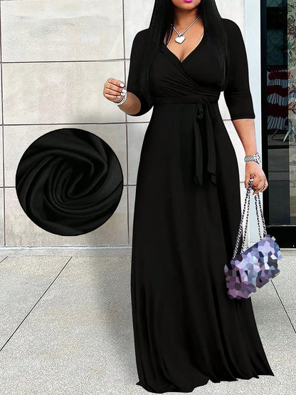 2026 Women's V-Neck Cinched Waist Dress, Short Sleeve, Spring/Summer Elegant Black