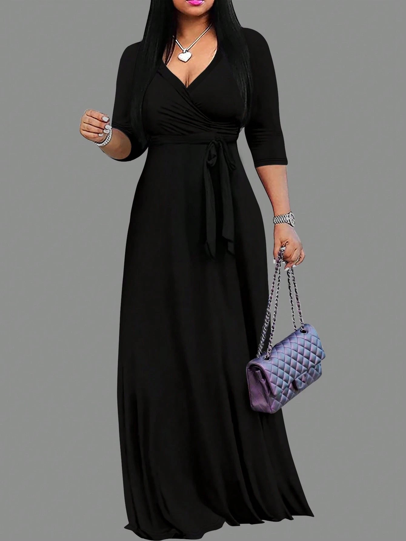 2026 Women's V-Neck Cinched Waist Dress, Short Sleeve, Spring/Summer Elegant Black