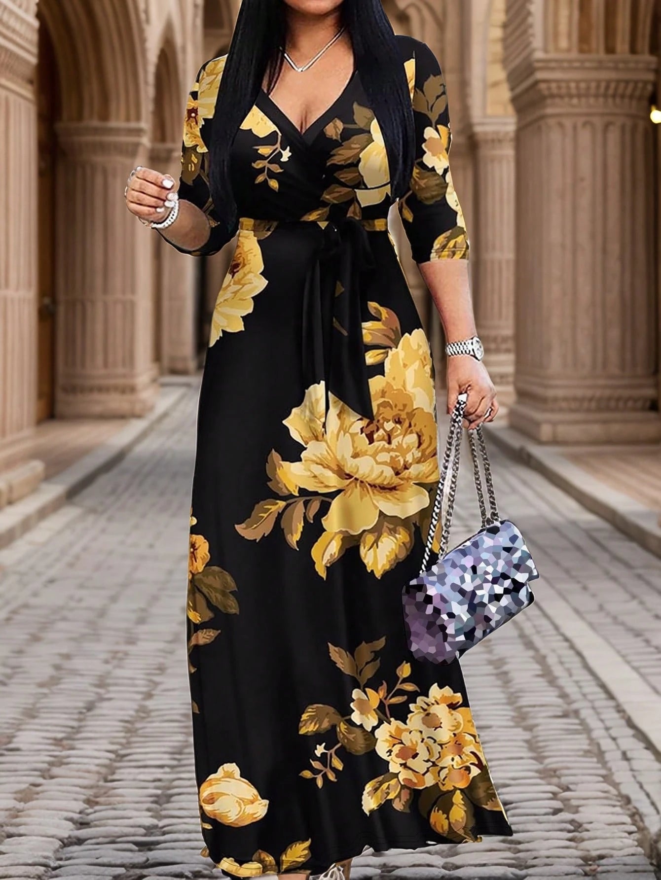 2026 Women's V-Neck Cinched Waist Dress, Short Sleeve, Spring/Summer Elegant Black