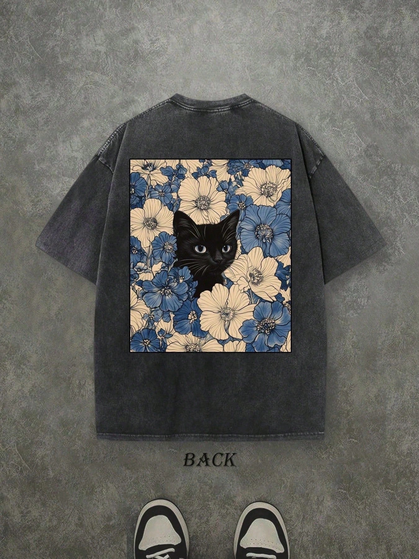 230G Pure Cotton Vintage Washed T-Shirt, Double-Sided Vintage Floral Black Cat Print, Comfort Fashion Streetwear Short Sleeve Tee