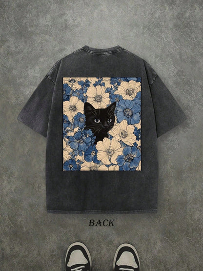 230G Pure Cotton Vintage Washed T-Shirt, Double-Sided Vintage Floral Black Cat Print, Comfort Fashion Streetwear Short Sleeve Tee