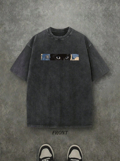 230G Pure Cotton Vintage Washed T-Shirt, Double-Sided Vintage Floral Black Cat Print, Comfort Fashion Streetwear Short Sleeve Tee