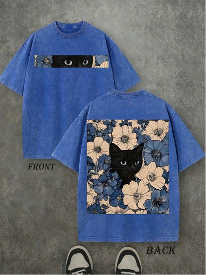 230G Pure Cotton Vintage Washed T-Shirt, Double-Sided Vintage Floral Black Cat Print, Comfort Fashion Streetwear Short Sleeve Tee