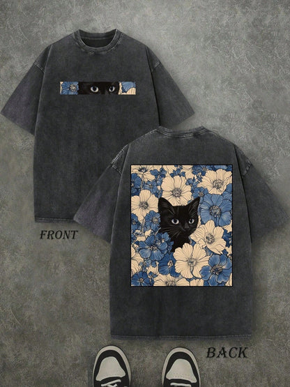 230G Pure Cotton Vintage Washed T-Shirt, Double-Sided Vintage Floral Black Cat Print, Comfort Fashion Streetwear Short Sleeve Tee