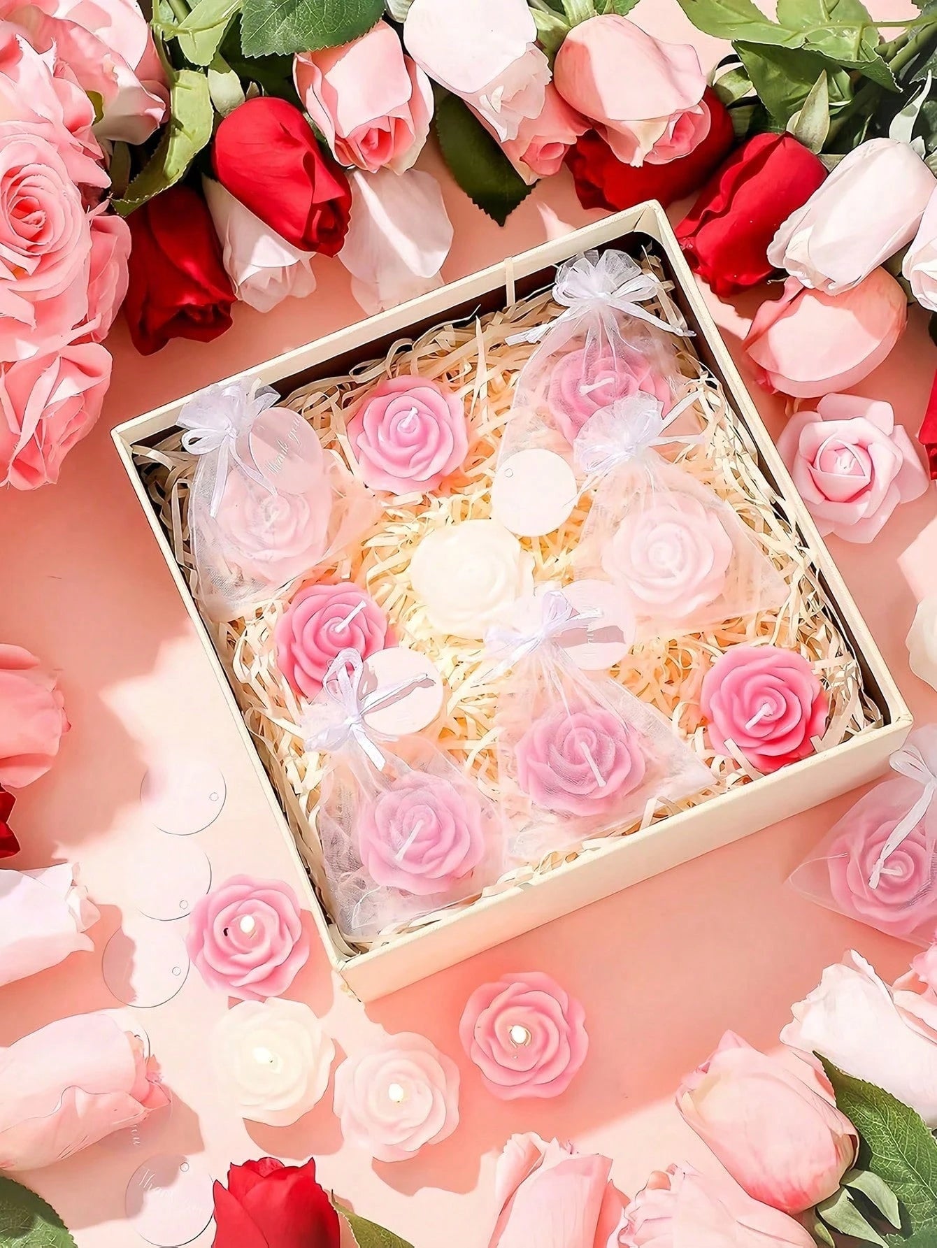 24pcs Rose Scented Candle Gift Set, Includes Organza Bag And Thank You Card, Romantic Rose Shaped Scented Candles, Suitable For Wedding, Party, Proposal, Home Decor