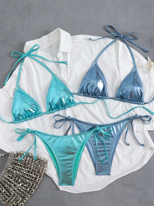 26SS Spring/Summer Laser Blue Gradient Bikini Swimsuit 4 Pieces Set