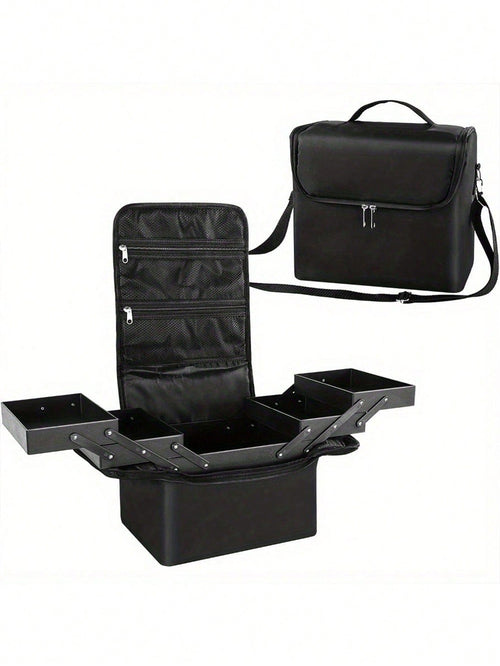 29x21x27cm Makeup Case, Large Capacity Portable Makeup Storage Box, Professional Cosmetic Organizer Box With Shoulder Strap, Nylon Material (Zipper Color Random)