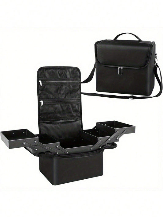 29x21x27cm Makeup Case, Large Capacity Portable Makeup Storage Box, Professional Cosmetic Organizer Box With Shoulder Strap, Nylon Material (Zipper Color Random)