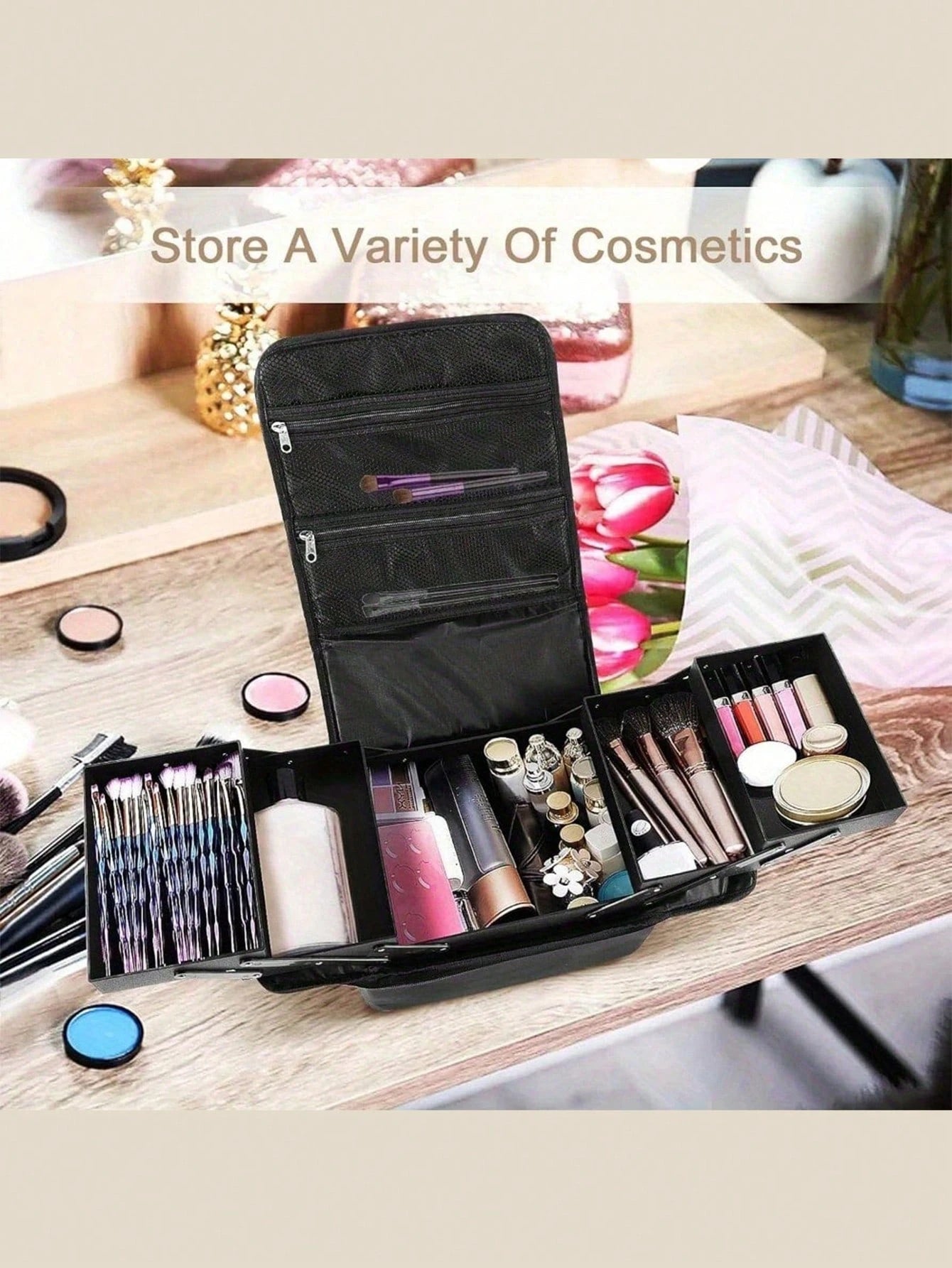 29x21x27cm Makeup Case, Large Capacity Portable Makeup Storage Box, Professional Cosmetic Organizer Box With Shoulder Strap, Nylon Material (Zipper Color Random)