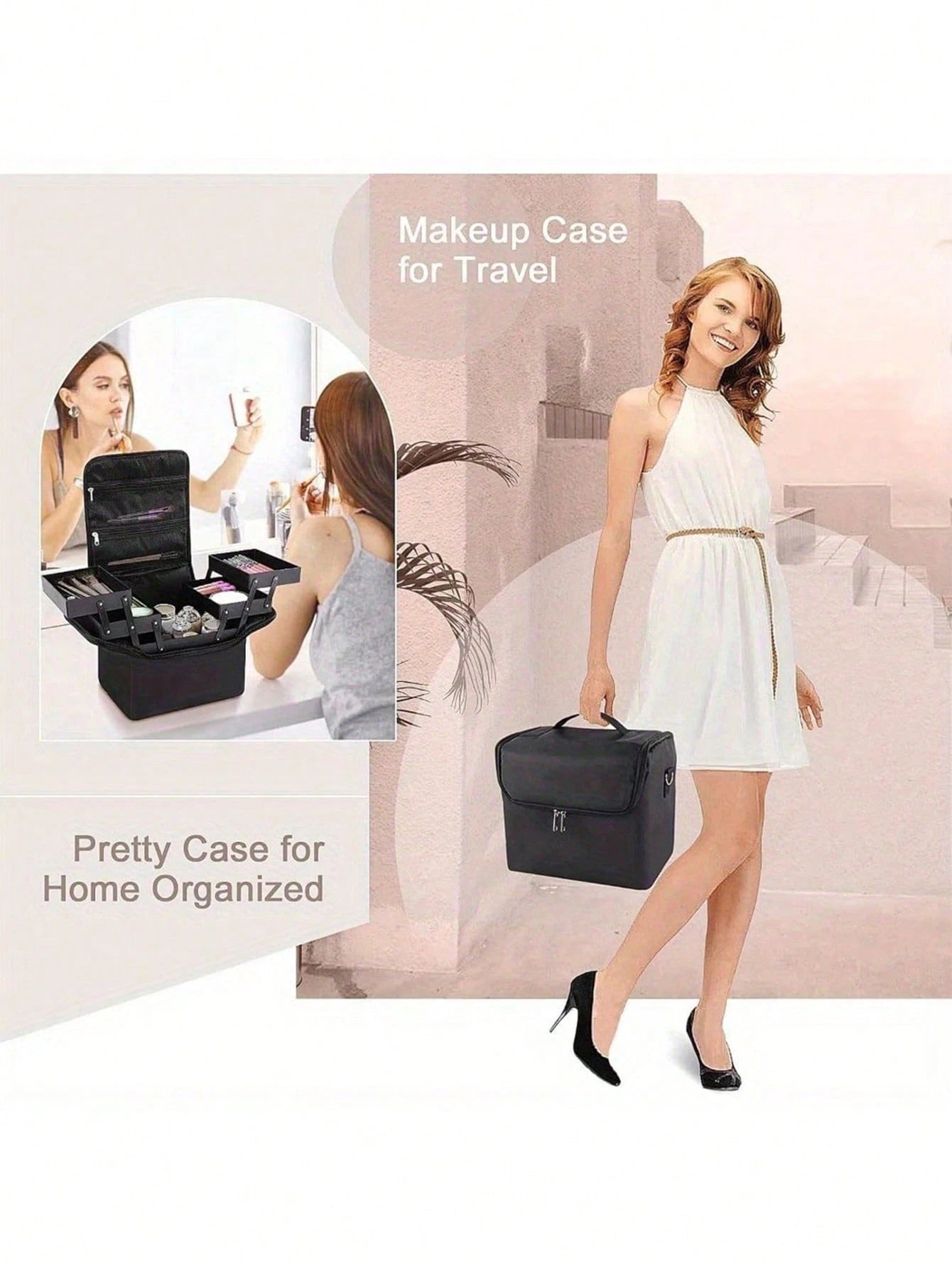 29x21x27cm Makeup Case, Large Capacity Portable Makeup Storage Box, Professional Cosmetic Organizer Box With Shoulder Strap, Nylon Material (Zipper Color Random)