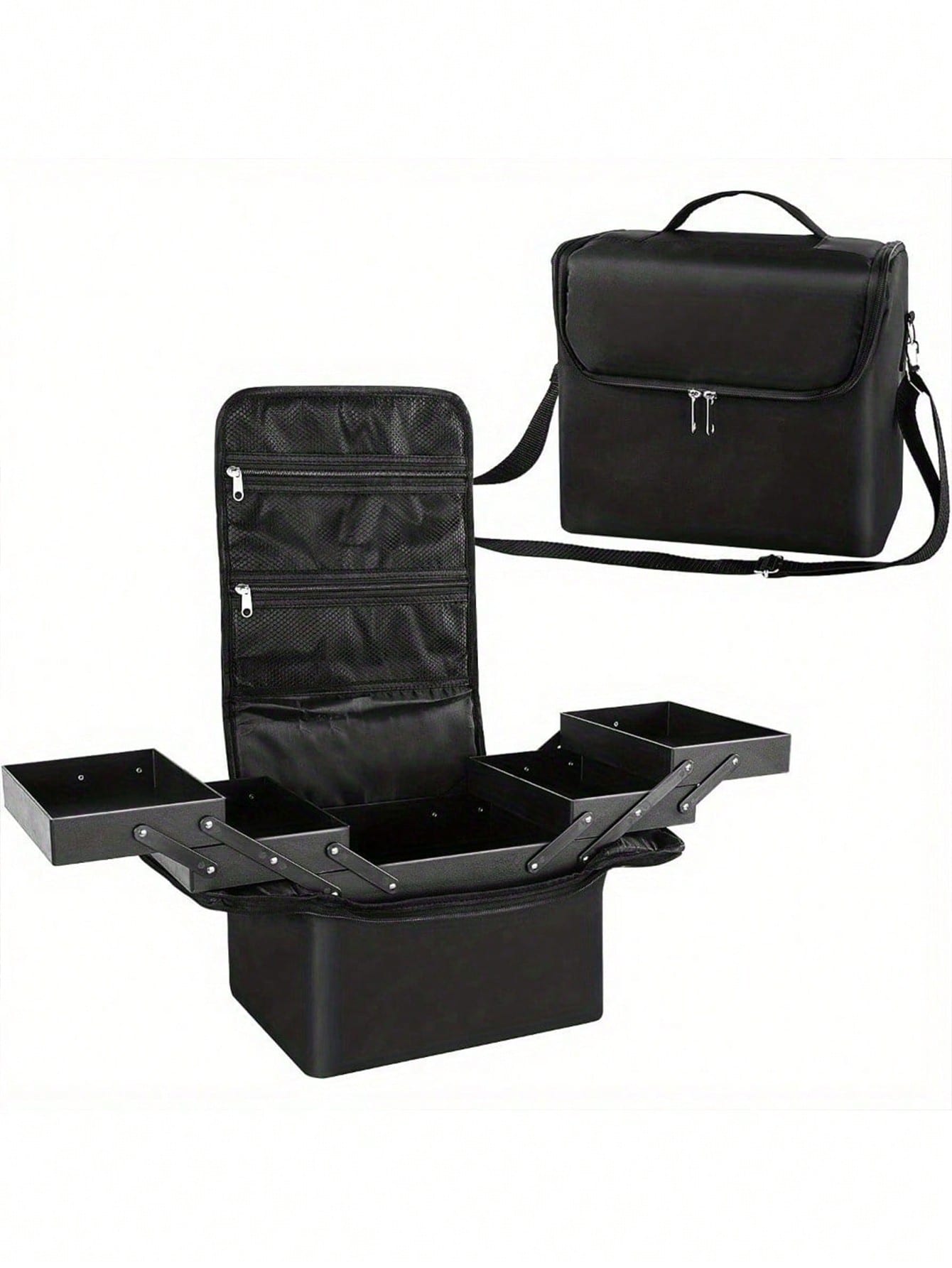 29x21x27cm Makeup Case, Large Capacity Portable Makeup Storage Box, Professional Cosmetic Organizer Box With Shoulder Strap, Nylon Material (Zipper Color Random)
