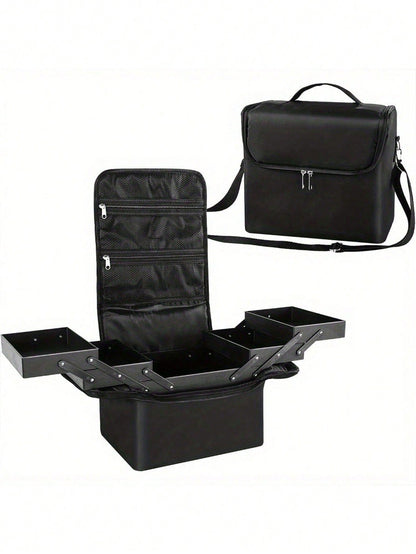 29x21x27cm Makeup Case, Large Capacity Portable Makeup Storage Box, Professional Cosmetic Organizer Box With Shoulder Strap, Nylon Material (Zipper Color Random)