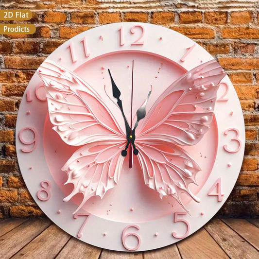 2D Flat 12inch Pink Butterfly Wall Clock, Floral Design, Perfect For Baby Rooms, Bedrooms, Offices, And Living Rooms. Silent Operation, Battery-Powere