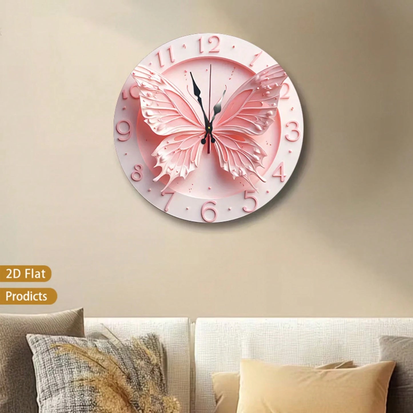 2D Flat 12inch Pink Butterfly Wall Clock, Floral Design, Perfect For Baby Rooms, Bedrooms, Offices, And Living Rooms. Silent Operation, Battery-Powere