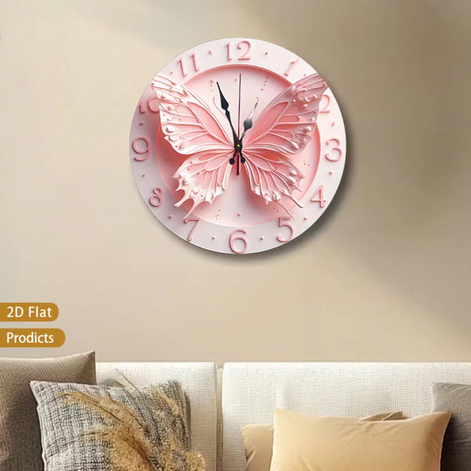 2D Flat 12inch Pink Butterfly Wall Clock, Floral Design, Perfect For Baby Rooms, Bedrooms, Offices, And Living Rooms. Silent Operation, Battery-Powere