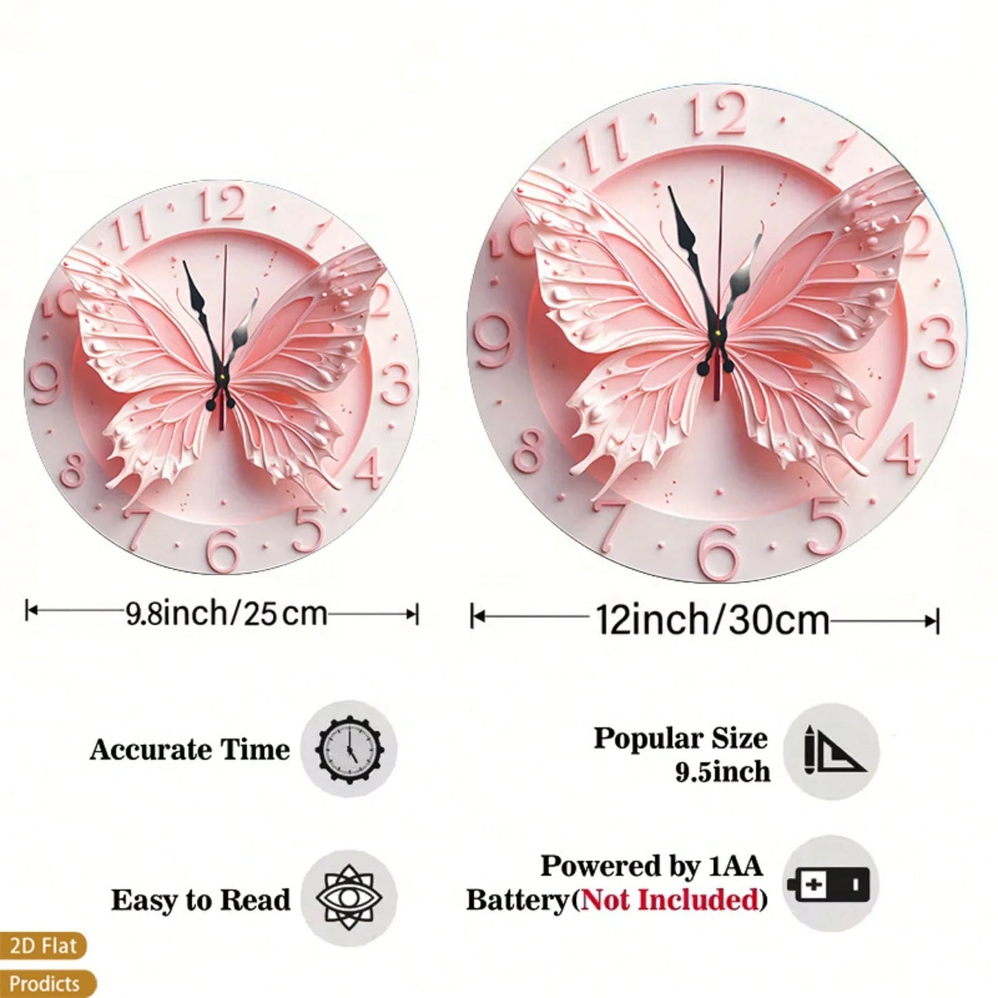 2D Flat 12inch Pink Butterfly Wall Clock, Floral Design, Perfect For Baby Rooms, Bedrooms, Offices, And Living Rooms. Silent Operation, Battery-Powere