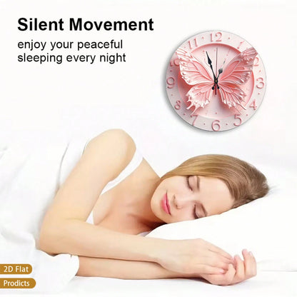 2D Flat 12inch Pink Butterfly Wall Clock, Floral Design, Perfect For Baby Rooms, Bedrooms, Offices, And Living Rooms. Silent Operation, Battery-Powere