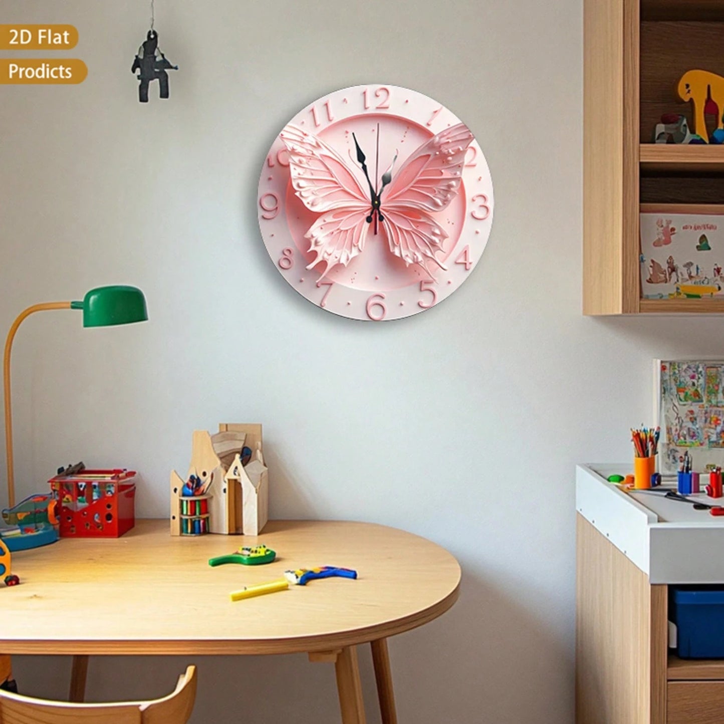 2D Flat 12inch Pink Butterfly Wall Clock, Floral Design, Perfect For Baby Rooms, Bedrooms, Offices, And Living Rooms. Silent Operation, Battery-Powere