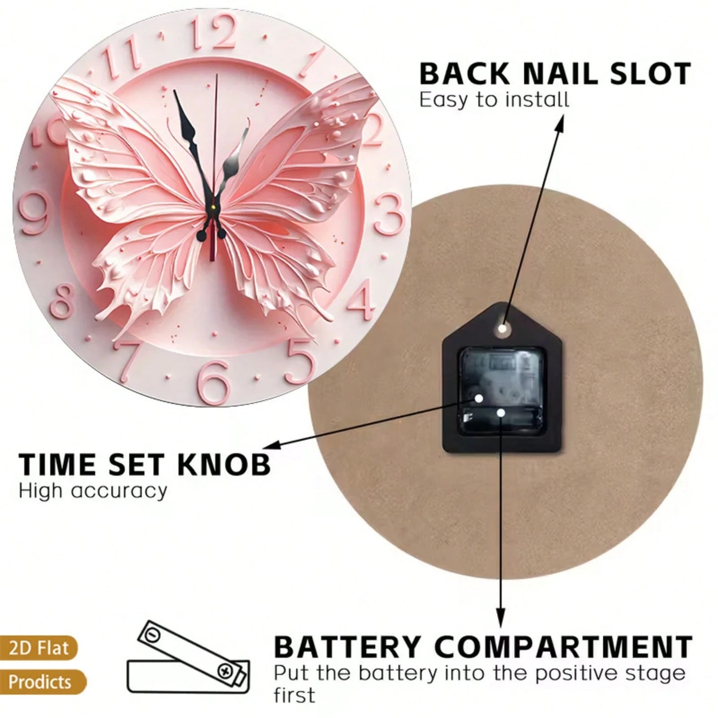 2D Flat 12inch Pink Butterfly Wall Clock, Floral Design, Perfect For Baby Rooms, Bedrooms, Offices, And Living Rooms. Silent Operation, Battery-Powere