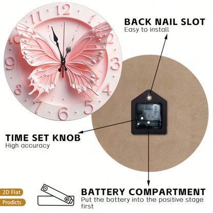 2D Flat 12inch Pink Butterfly Wall Clock, Floral Design, Perfect For Baby Rooms, Bedrooms, Offices, And Living Rooms. Silent Operation, Battery-Powere