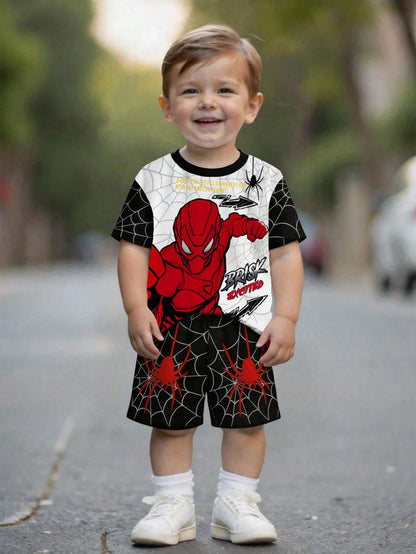 2pcs Baby Boy Summer Outfit,Cute Black And White Spider Hero Graphic Short Sleeve Tee & Shorts Set,Casual Beach Minimalist Round Neck Vintage Tops