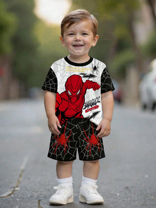 2pcs Baby Boy Summer Outfit,Cute Black And White Spider Hero Graphic Short Sleeve Tee & Shorts Set,Casual Beach Minimalist Round Neck Vintage Tops