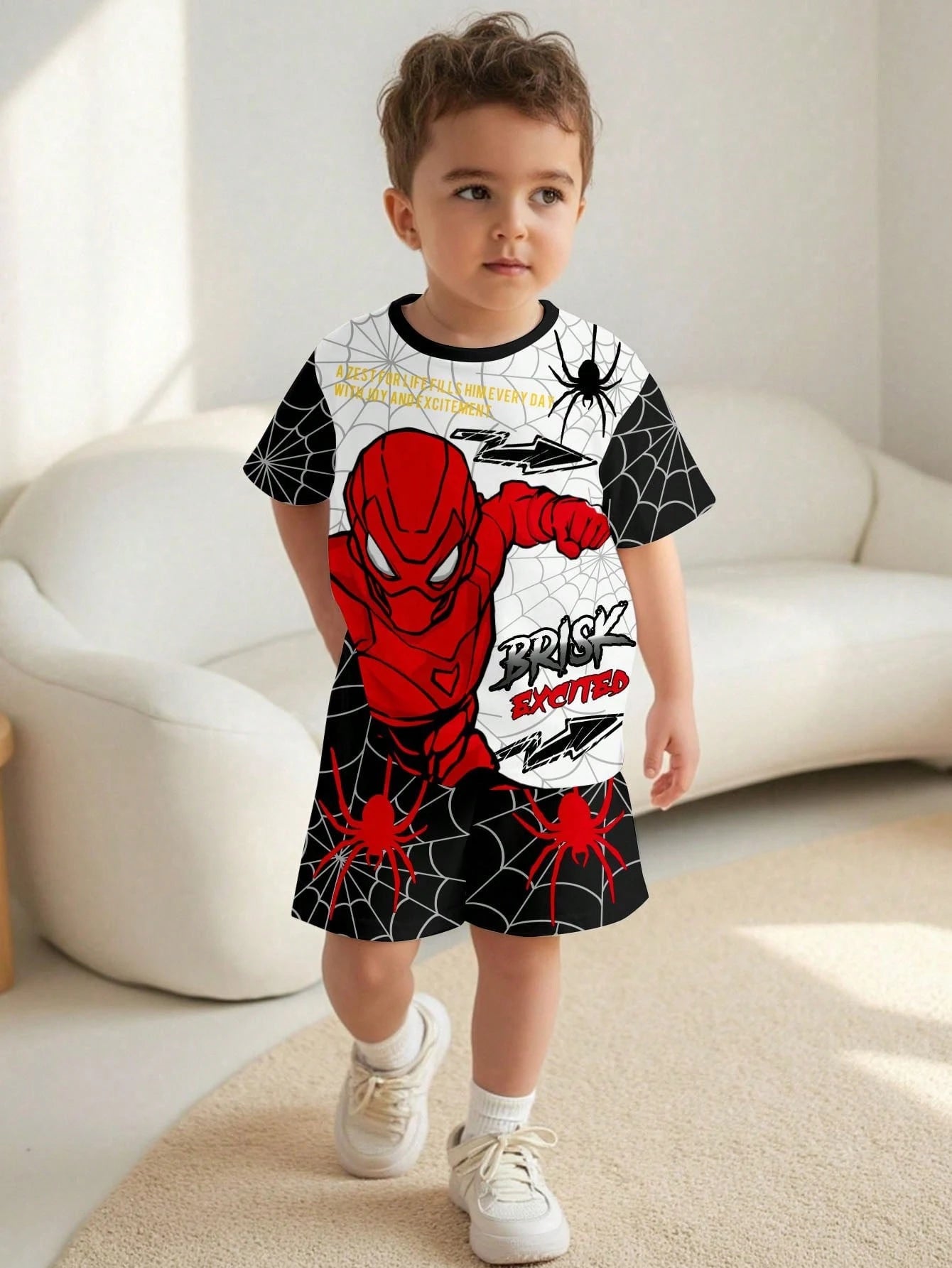 2pcs Baby Boy Summer Outfit,Cute Black And White Spider Hero Graphic Short Sleeve Tee & Shorts Set,Casual Beach Minimalist Round Neck Vintage Tops