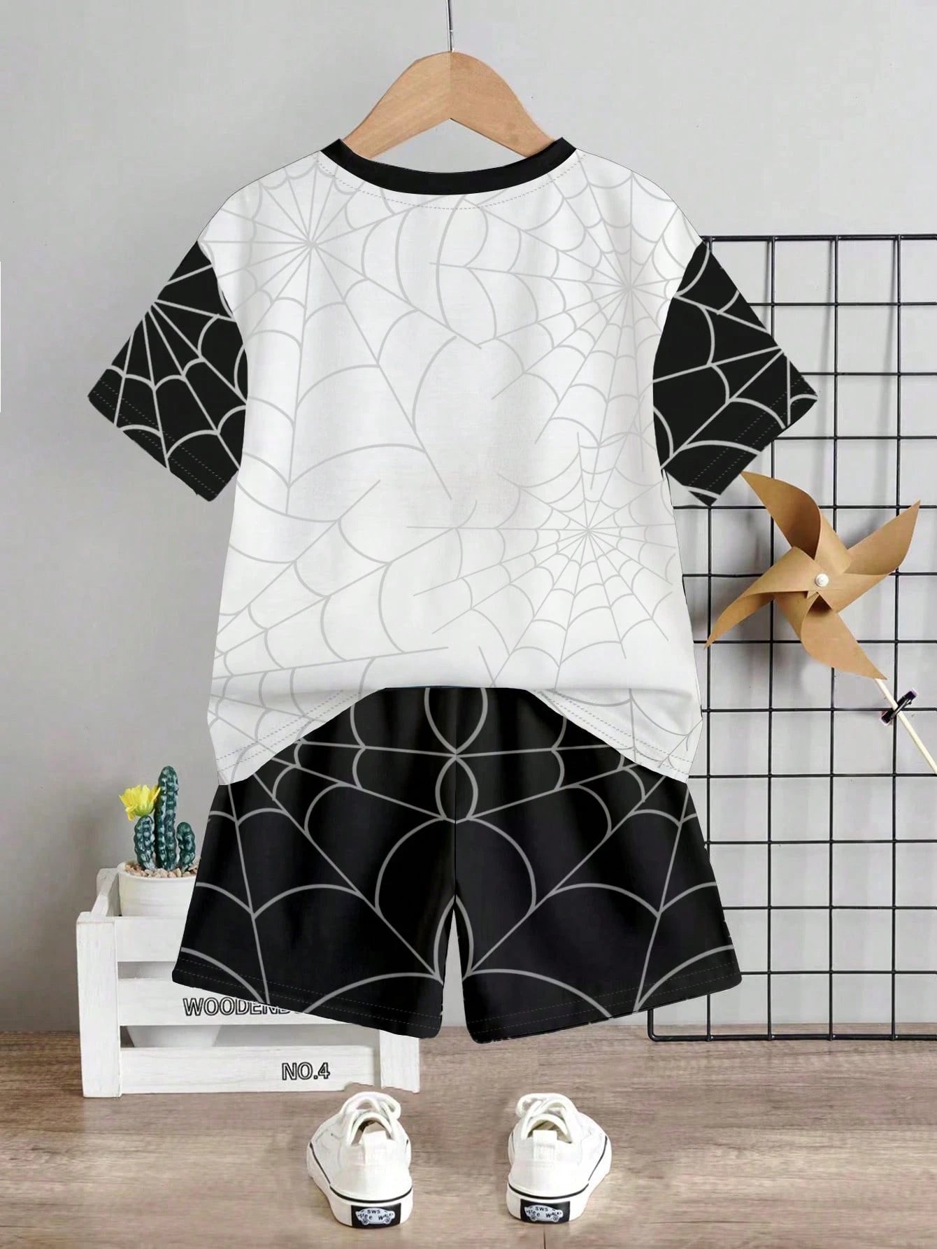2pcs Baby Boy Summer Outfit,Cute Black And White Spider Hero Graphic Short Sleeve Tee & Shorts Set,Casual Beach Minimalist Round Neck Vintage Tops