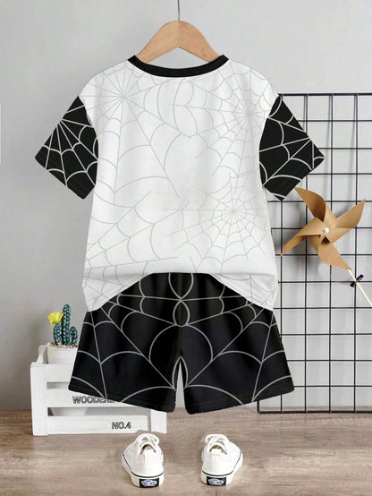 2pcs Baby Boy Summer Outfit,Cute Black And White Spider Hero Graphic Short Sleeve Tee & Shorts Set,Casual Beach Minimalist Round Neck Vintage Tops