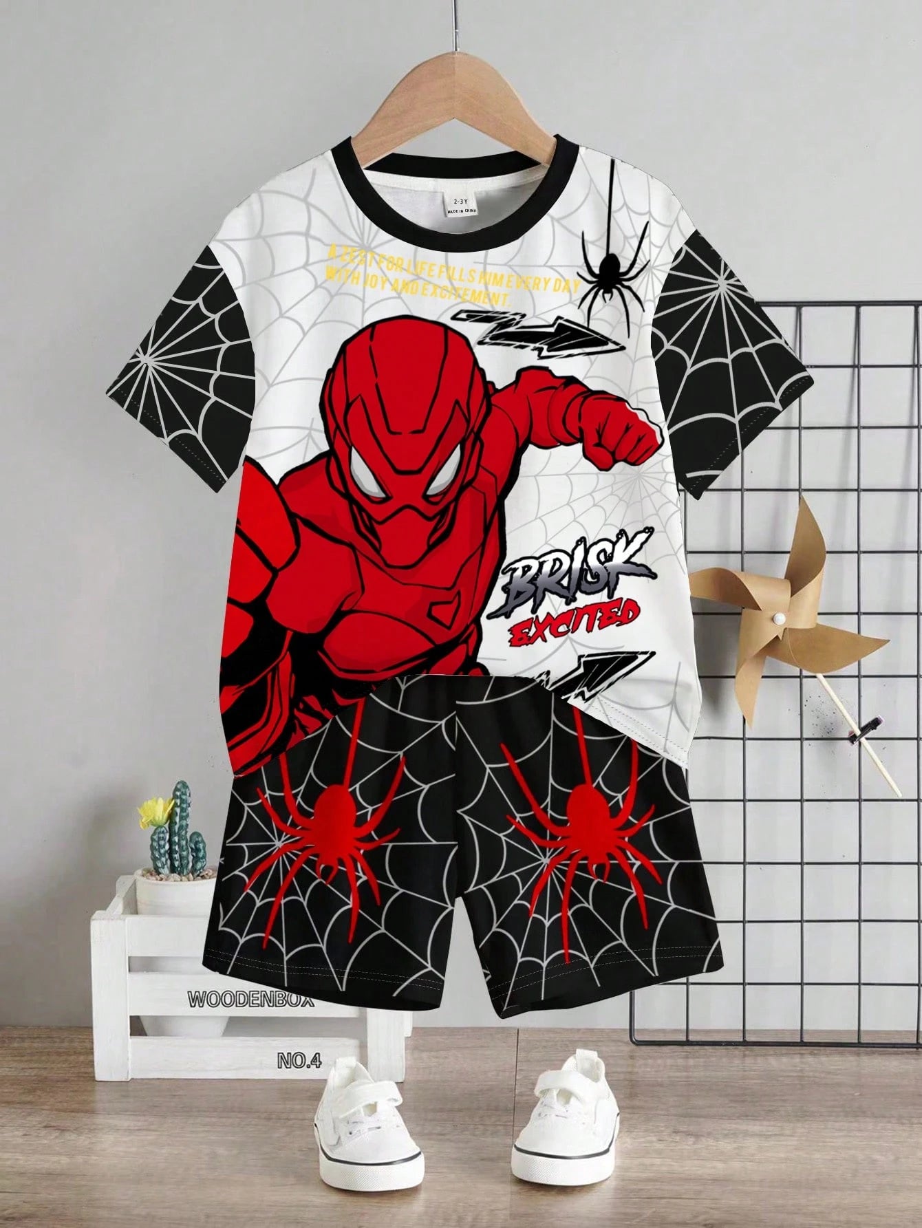 2pcs Baby Boy Summer Outfit,Cute Black And White Spider Hero Graphic Short Sleeve Tee & Shorts Set,Casual Beach Minimalist Round Neck Vintage Tops