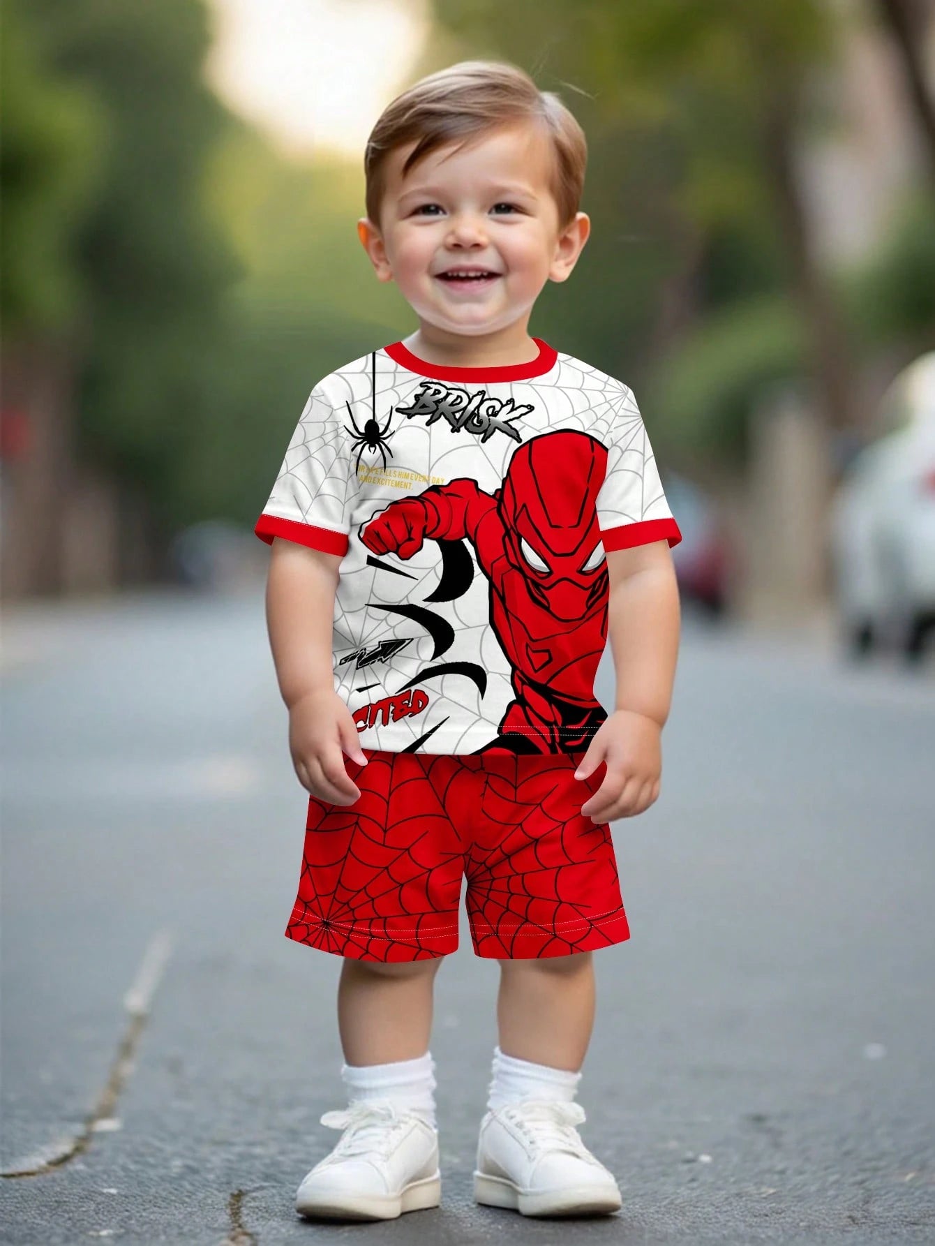 2pcs Baby Boy Summer Outfit,Cute Black And White Spider Hero Graphic Short Sleeve Tee & Shorts Set,Casual Beach Minimalist Round Neck Vintage Tops